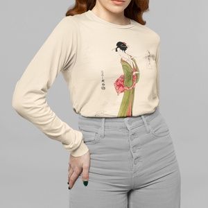 Japanese Geisha Ukyio-e VTG Art Print Long Sleeve Graphic Tee T-shirt S M L XL